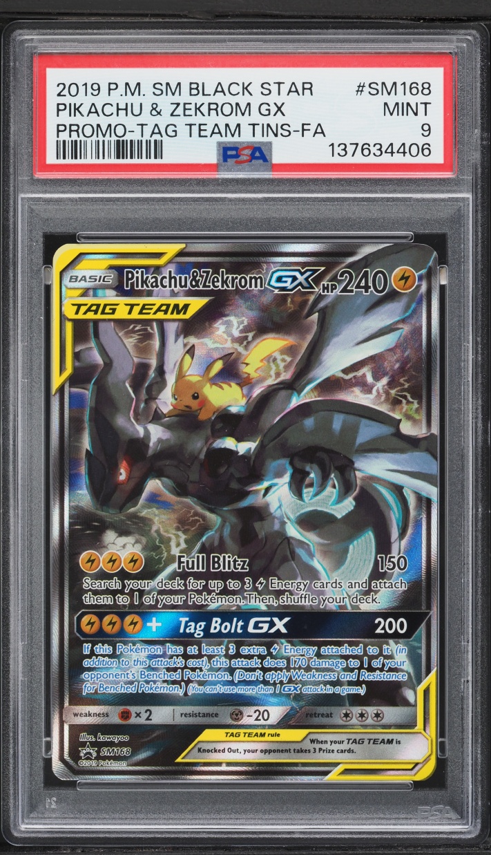 2019 Pokemon Sun & Moon Promo Tag Team Tins Full Art Pikachu & Zekrom GX #SM168 PSA 9 MINT