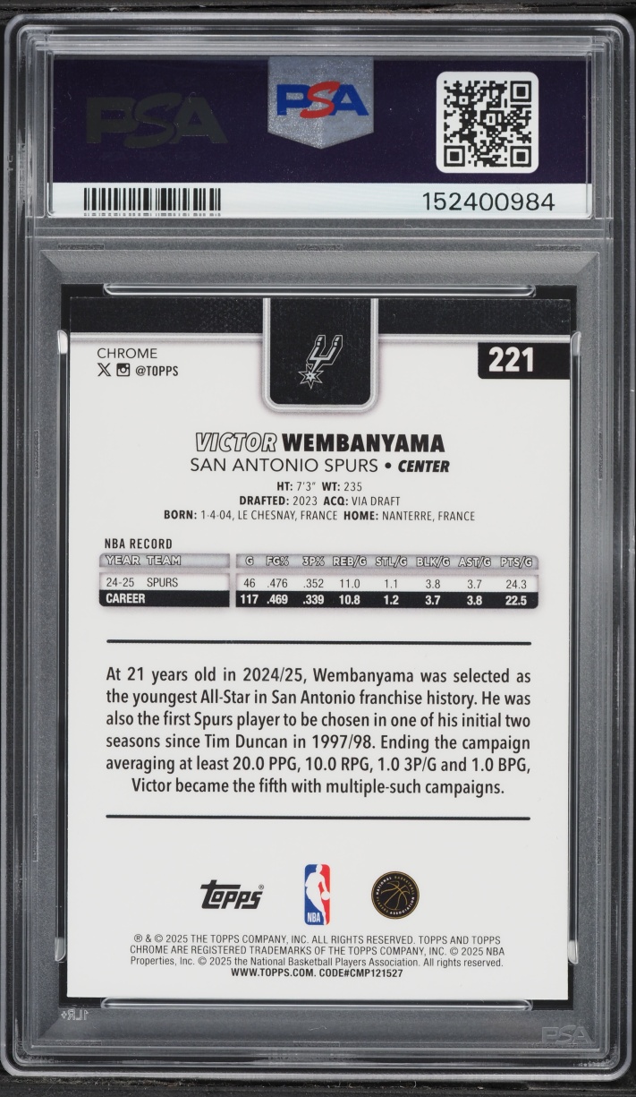 2025 Topps Chrome Yellow Refractor Victor Wembanyama /275 #221 PSA 8 NM-MT