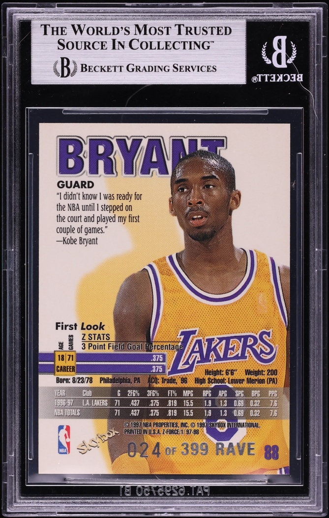 1997 Skybox Z-Force Rave Kobe Bryant /399 #88 BGS 9 MINT on