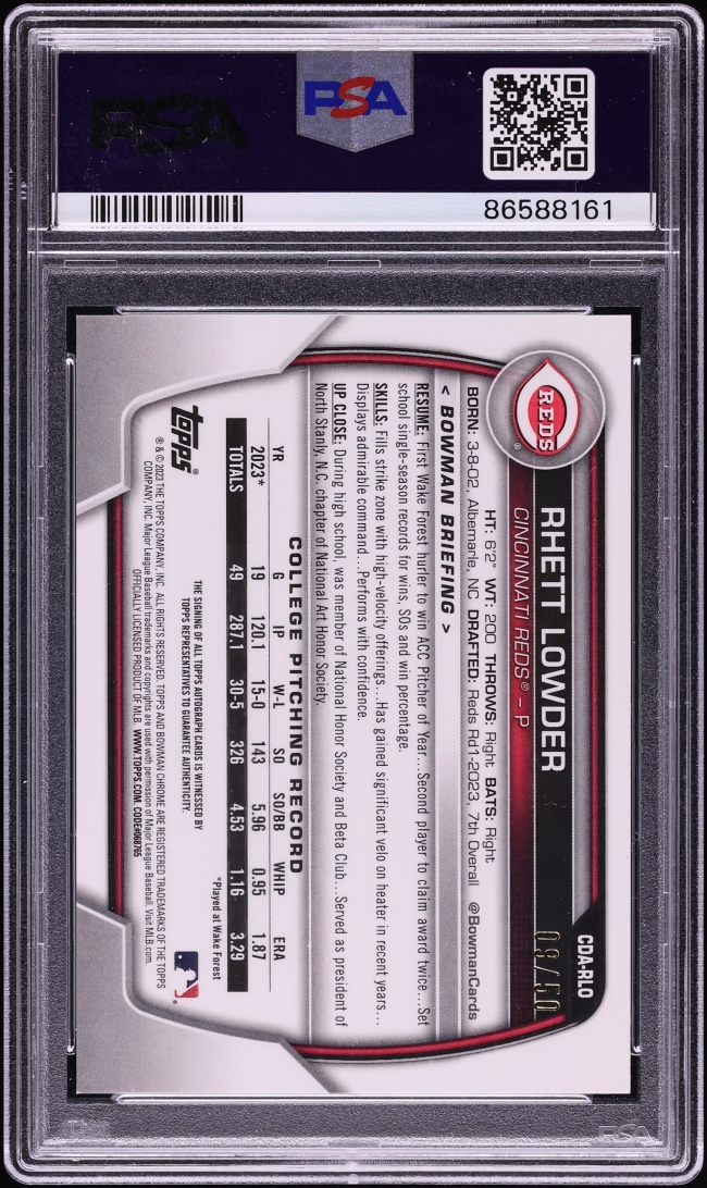 2023 Bowman Chrome Draft Sapphire Gold Rhett Lowder PROSPECT AUTO /50 #CDA-RLO PSA 9 MINT