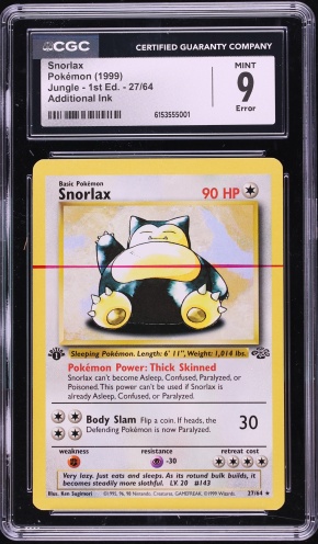 1999 Pokemon Jungle 1st Edition Error Snorlax #27 CGC 9 MINT