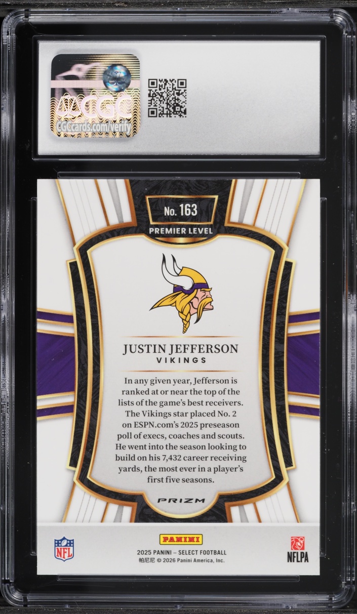 2025 Select Premier Level Black & Red Shock Prizm Justin Jefferson #163 CGC 9.5 MINT+