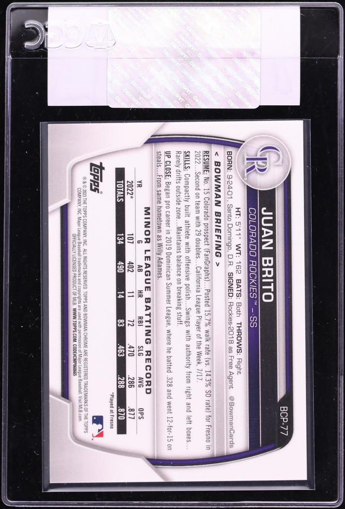 2023 Bowman Chrome Fuchsia Lunar Refractor Juan Brito PROSPECT /499 #BCP-77 CGC AUTH