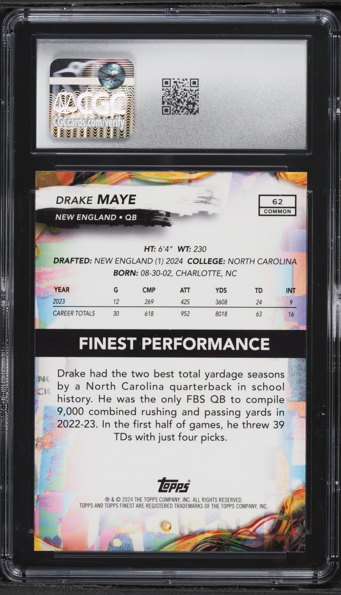 2024 Finest Checkerboard Refractor Drake Maye ROOKIE #62 CGC 10 GEM MINT