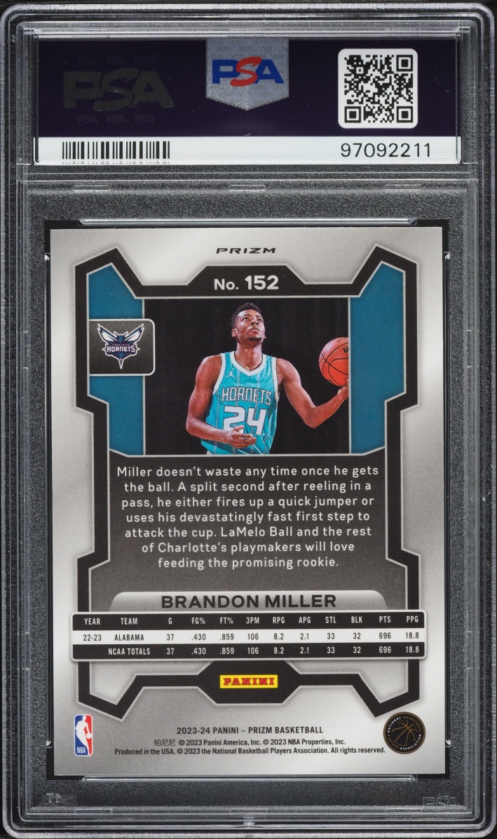 2023 Panini Prizm Silver Brandon Miller ROOKIE #152 PSA 9 MINT