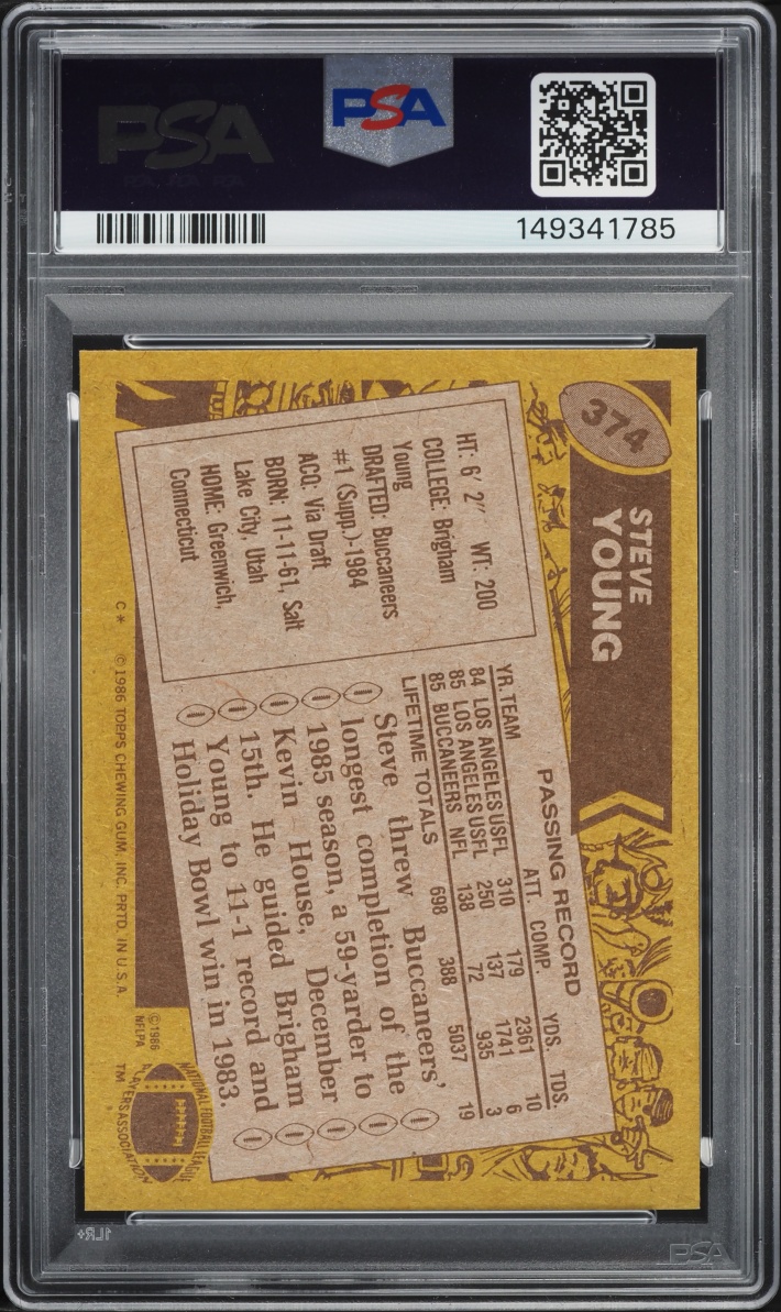 1986 Topps Football Steve Young ROOKIE #374 PSA 7 NRMT
