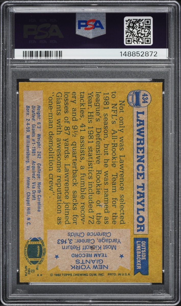1982 Topps Football Lawrence Taylor ROOKIE, ALL-PRO #434 PSA 8 NM-MT