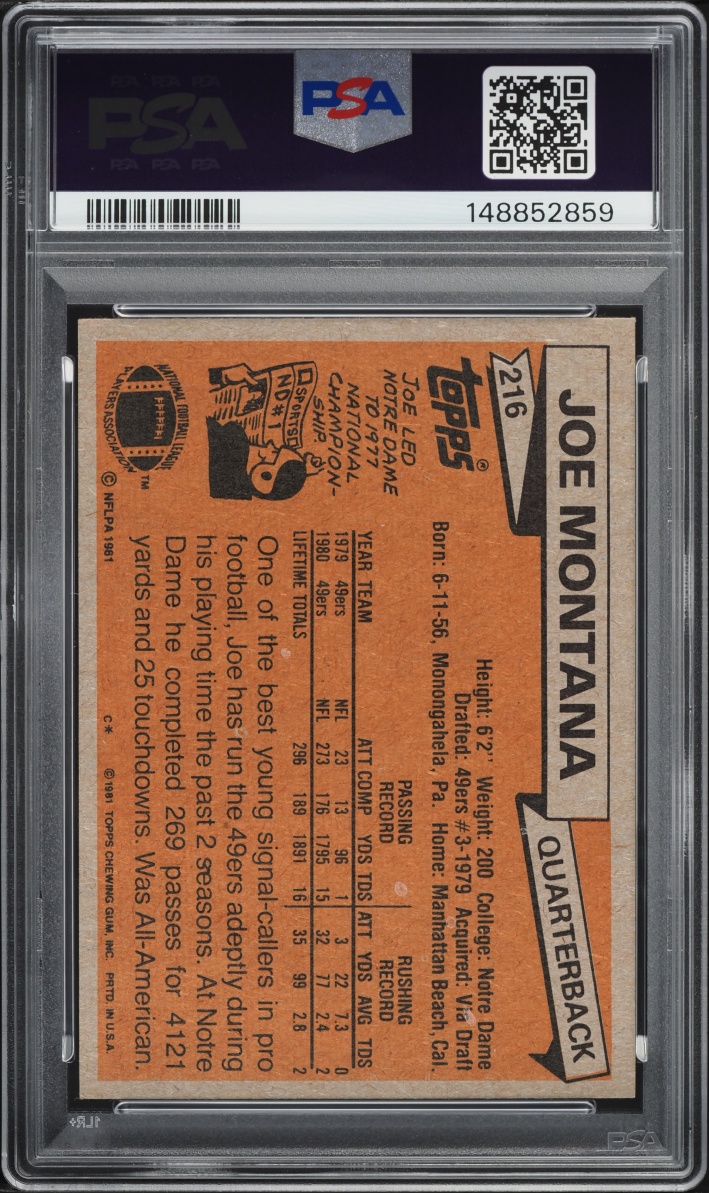 1981 Topps Football Joe Montana ROOKIE #216 PSA 7 NRMT