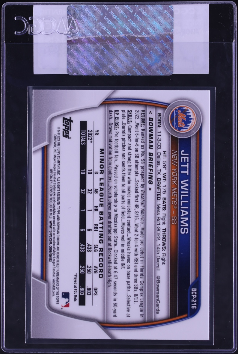 2023 Bowman Chrome Sapphire Jett Williams #BCP-216 CGC AUTH