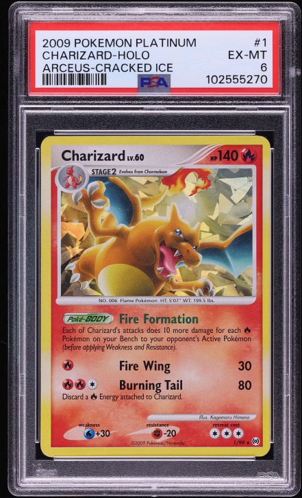 rare 2009 pokemon cards PSA 6 Charizard Holo Cracked Ice Lightning Lightning Thundershock (10) Flip a coin 2009 Platinum Pokemon Cards Price
