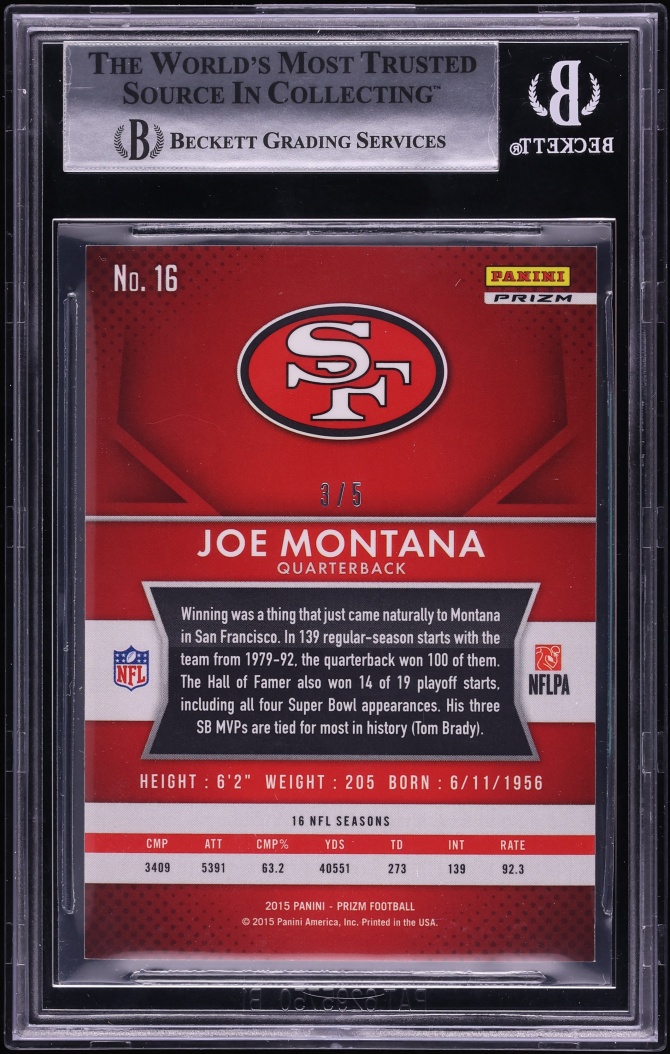2015 Panini Prizm Gold Vinyl Joe Montana /5 #16 BGS 8.5 NM-MT+