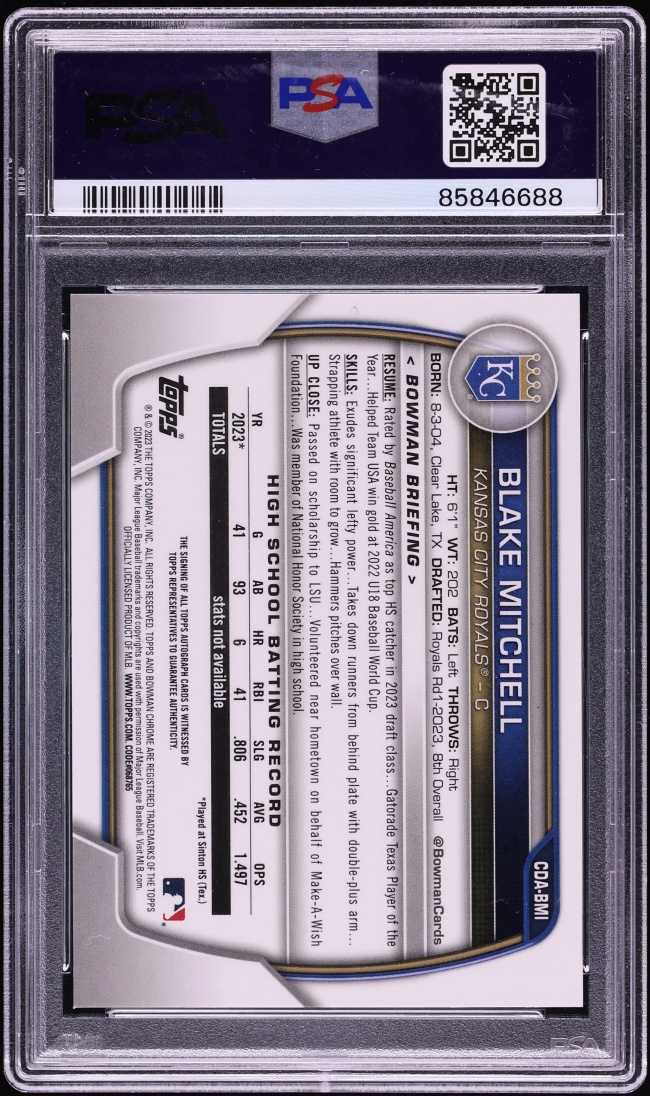 2023 Bowman Chrome Draft Blake Mitchell PROSPECT AUTO #CDA-BMI PSA 10 GEM MINT
