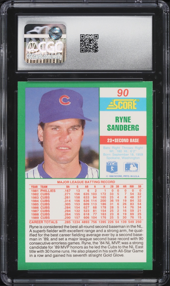 1990 Score Ryne Sandberg #90 CGC 10 GEM MINT