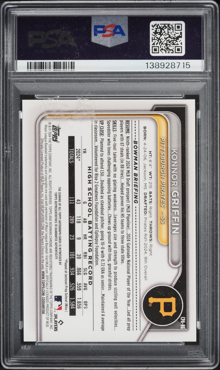 2024 Bowman Chrome Draft Konnor Griffin PROSPECT AUTO #CPA-KG PSA 9 MINT
