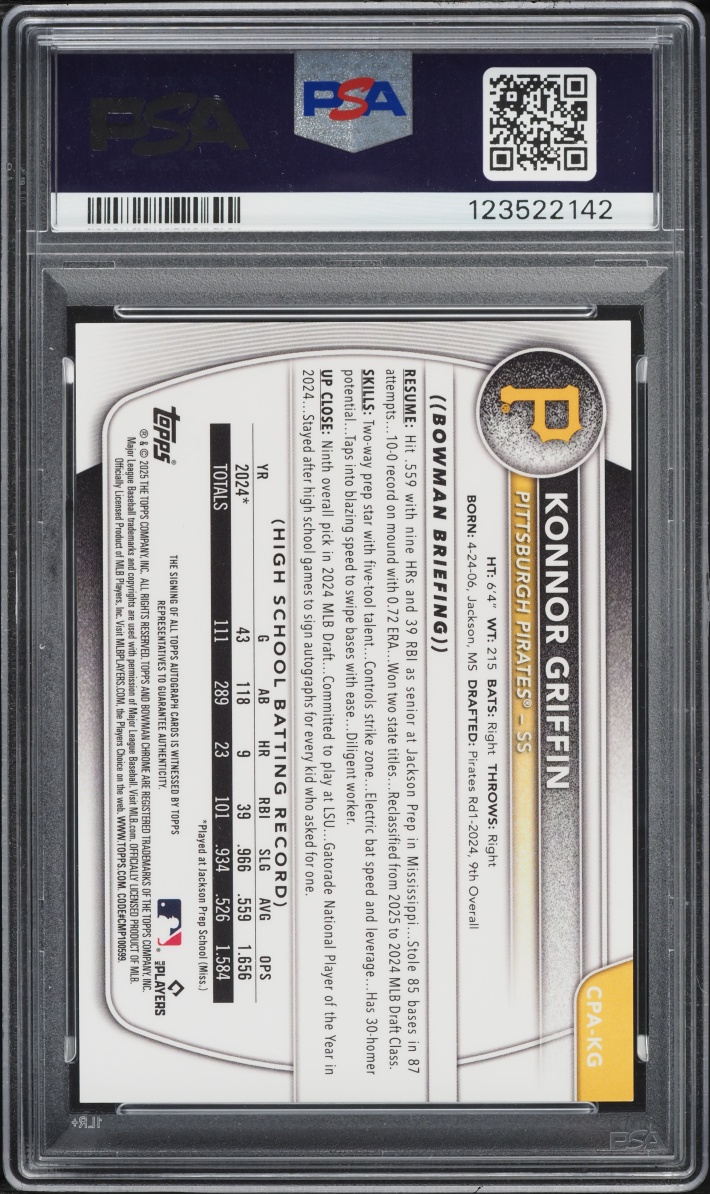 2025 Bowman Chrome Green Refractor Konnor Griffin PROSPECT AUTO /99 #CPA-KG PSA 9 MINT