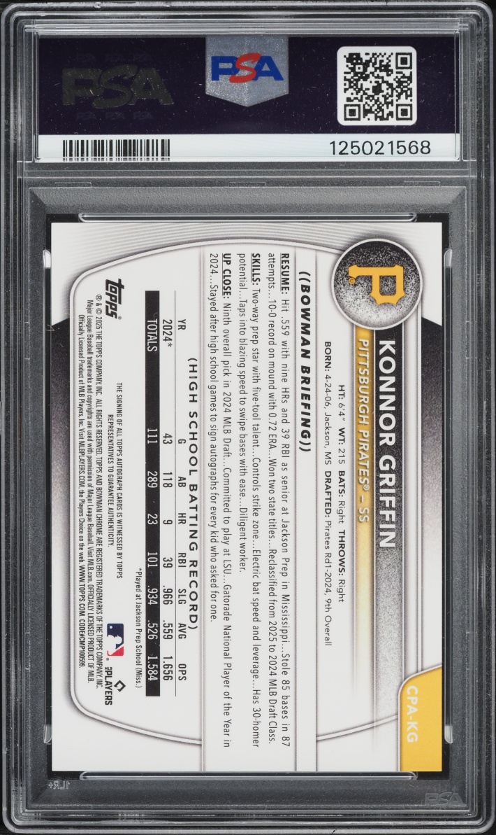 2025 Bowman Chrome Gold Refractor Konnor Griffin PROSPECT AUTO /50 #CPA-KG PSA 9 MINT