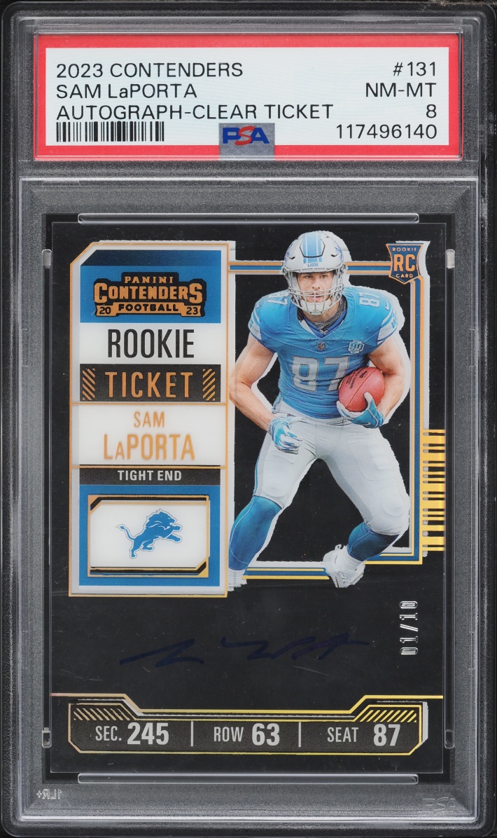 2023 Panini Contenders Clear Ticket Sam LaPorta ROOKIE AUTO 1/10 #131 PSA 8 NM-MT