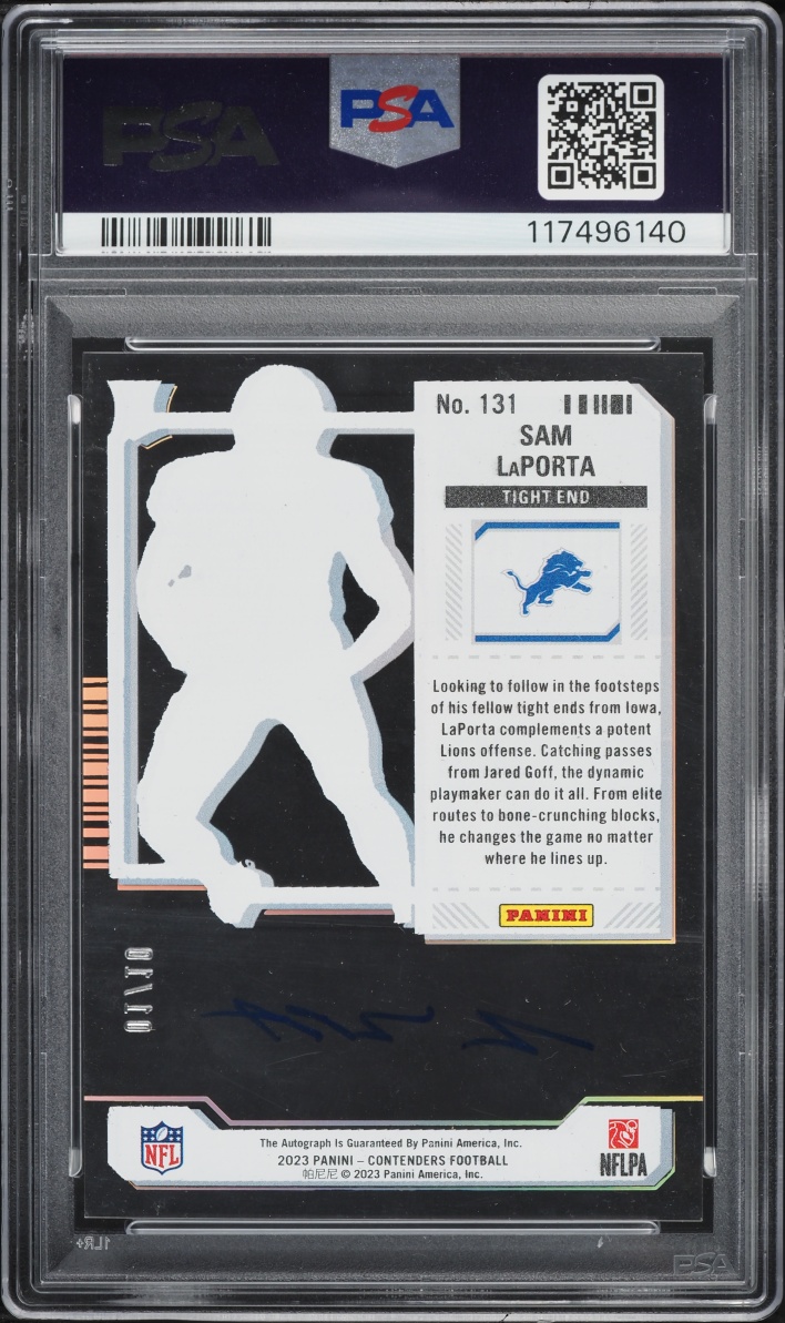 2023 Panini Contenders Clear Ticket Sam LaPorta ROOKIE AUTO 1/10 #131 PSA 8 NM-MT