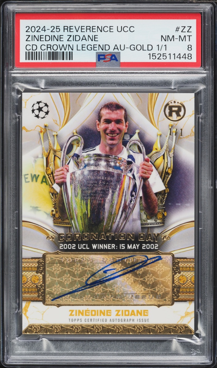 2024 Topps Reverence UEFA Club Competitions CD Crown Legend Gold Zinedine Zidane AUTO 1/1 PSA 8