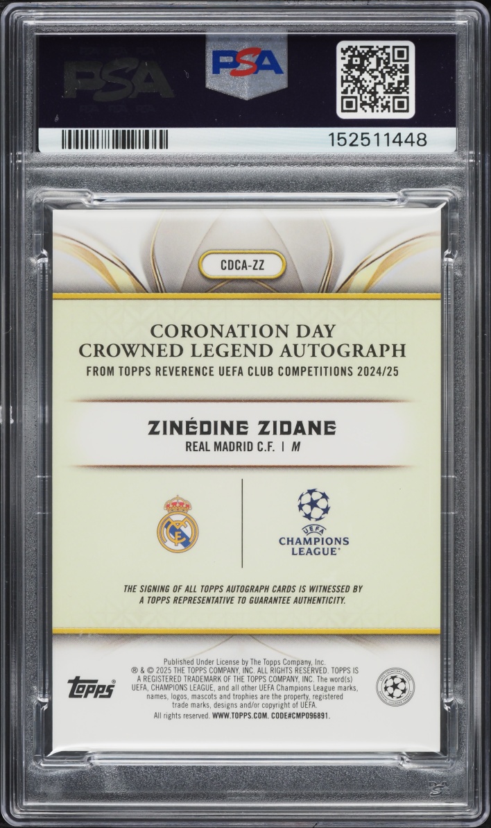 2024 Topps Reverence UEFA Club Competitions CD Crown Legend Gold Zinedine Zidane AUTO 1/1 PSA 8