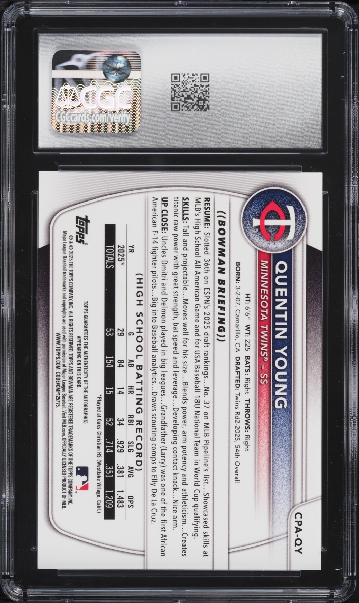 2025 Bowman Chrome Draft Sapphire Gold Quentin Young PROSPECT AUTO /50 #CPA-QY CGC 9.5 MINT+
