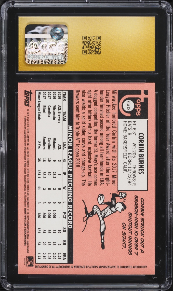 2018 Topps Heritage Minor League Real One Corbin Burnes PROSPECT AUTO #ROA-CB CGC 10 PRISTINE