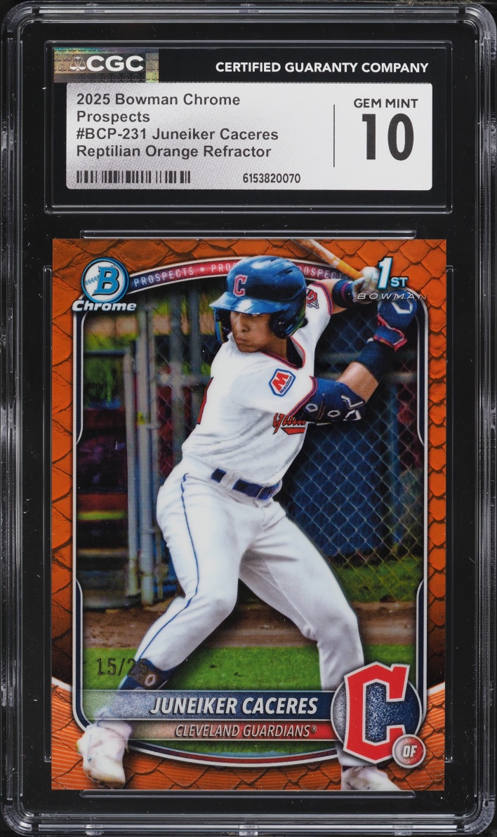 2025 Bowman Chrome Reptilian Orange Refractor Juneiker Caceres PROSPECT /25 #BCP-231 CGC 10 GEM