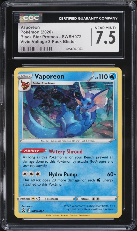 2020 Pokemon Sword & Shield Promos Vivid Voltage Blister Holo Vaporeon #SWSH072 CGC 7.5 NRMT+
