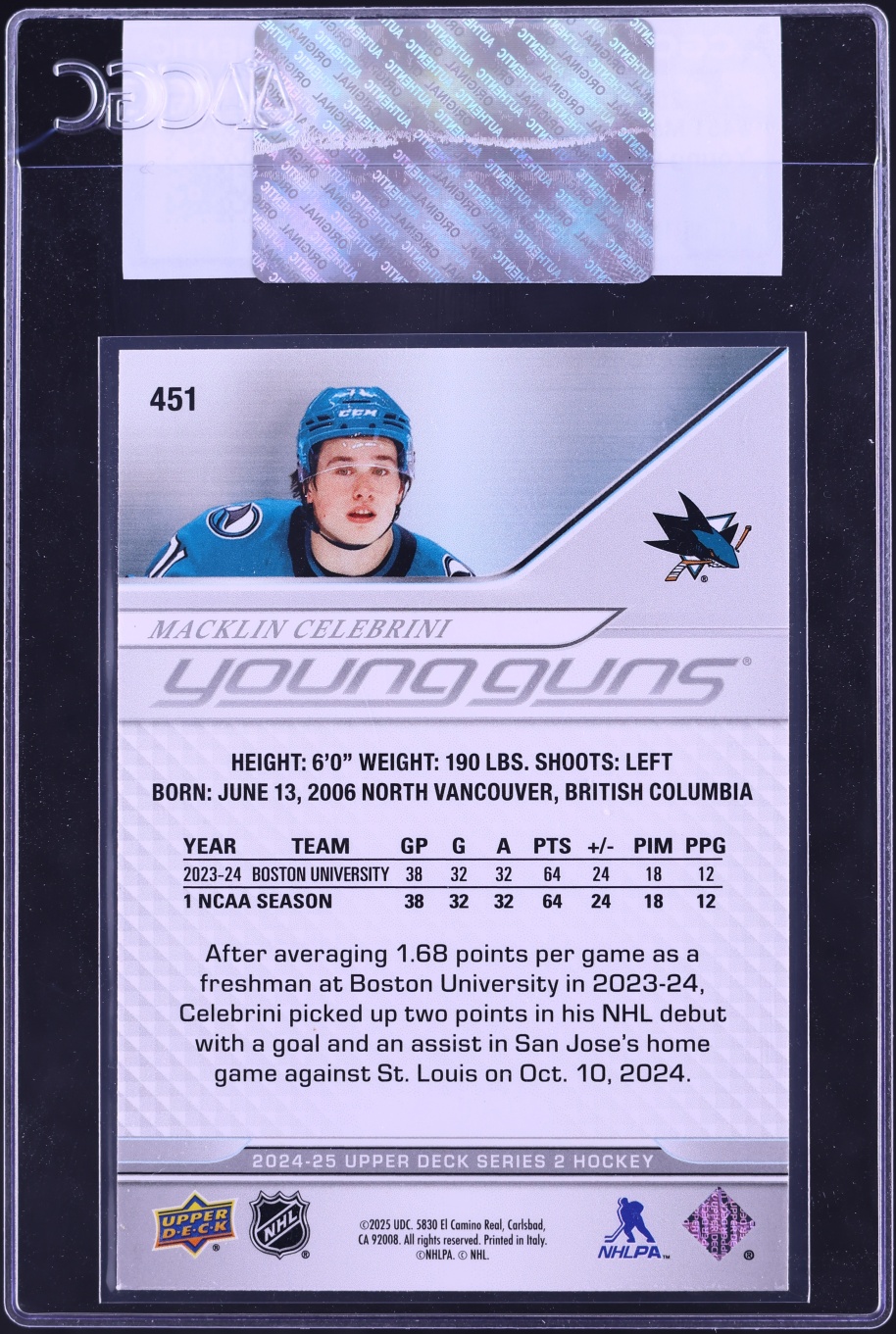 2024 Upper Deck Young Guns Macklin Celebrini ROOKIE #451 CGC AUTH