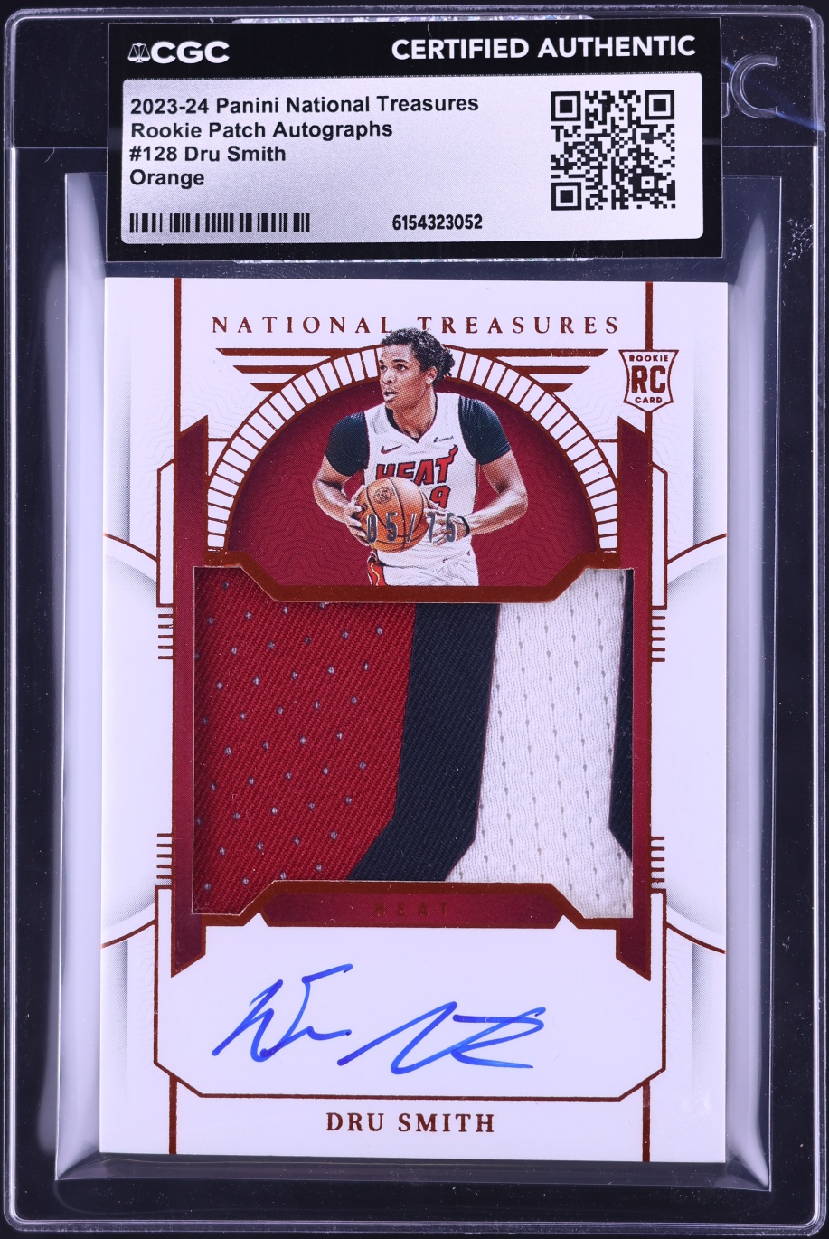 2023 National Treasures Orange Dru Smith ROOKIE PATCH AUTO /75 #128 CGC AUTH