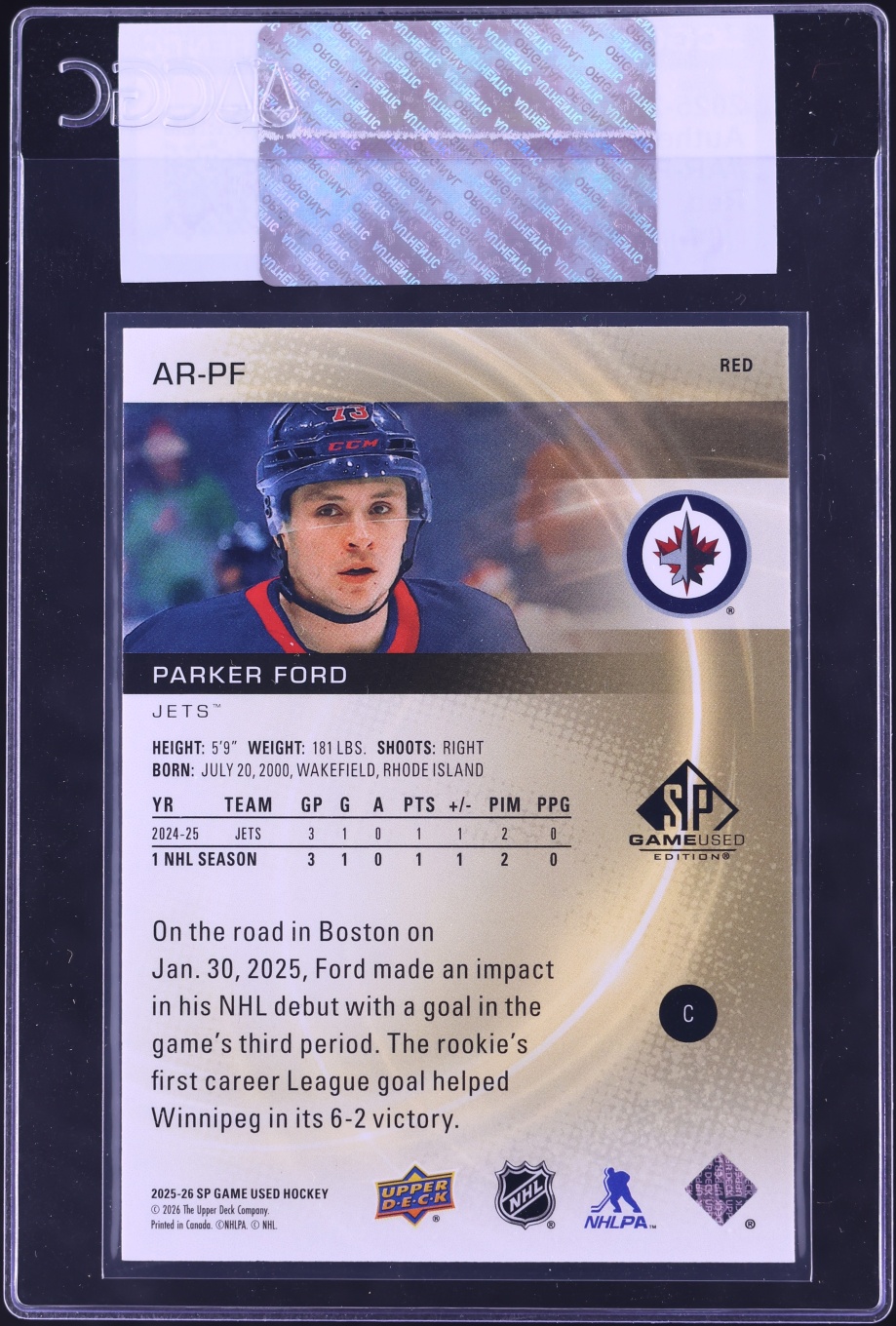 2025 SP Game Used Authentic Red Parker Ford ROOKIE /399 #AR-PF CGC AUTH