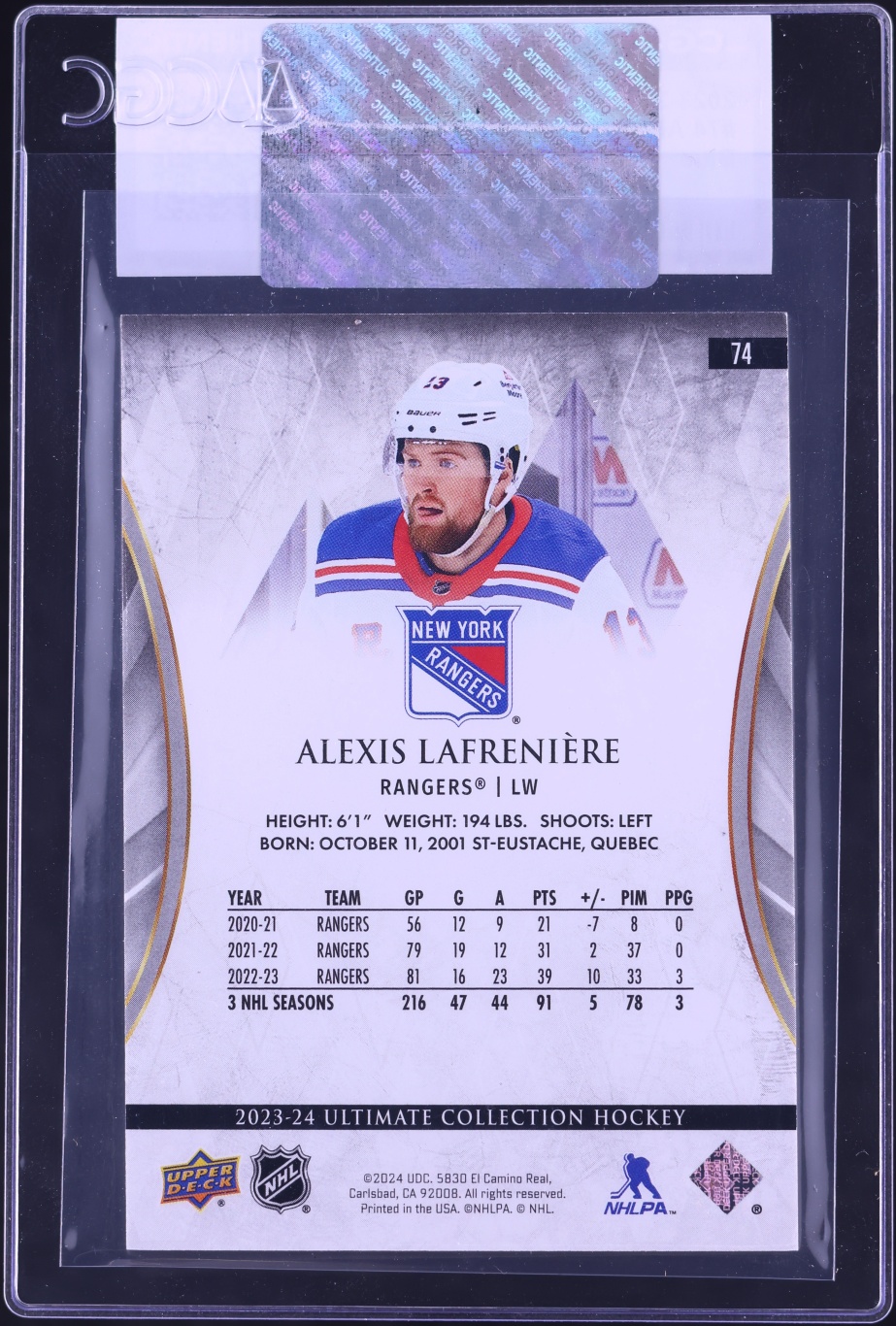 2023 Ultimate Collection Blue Alexis Lafreniere /99 #74 CGC AUTH