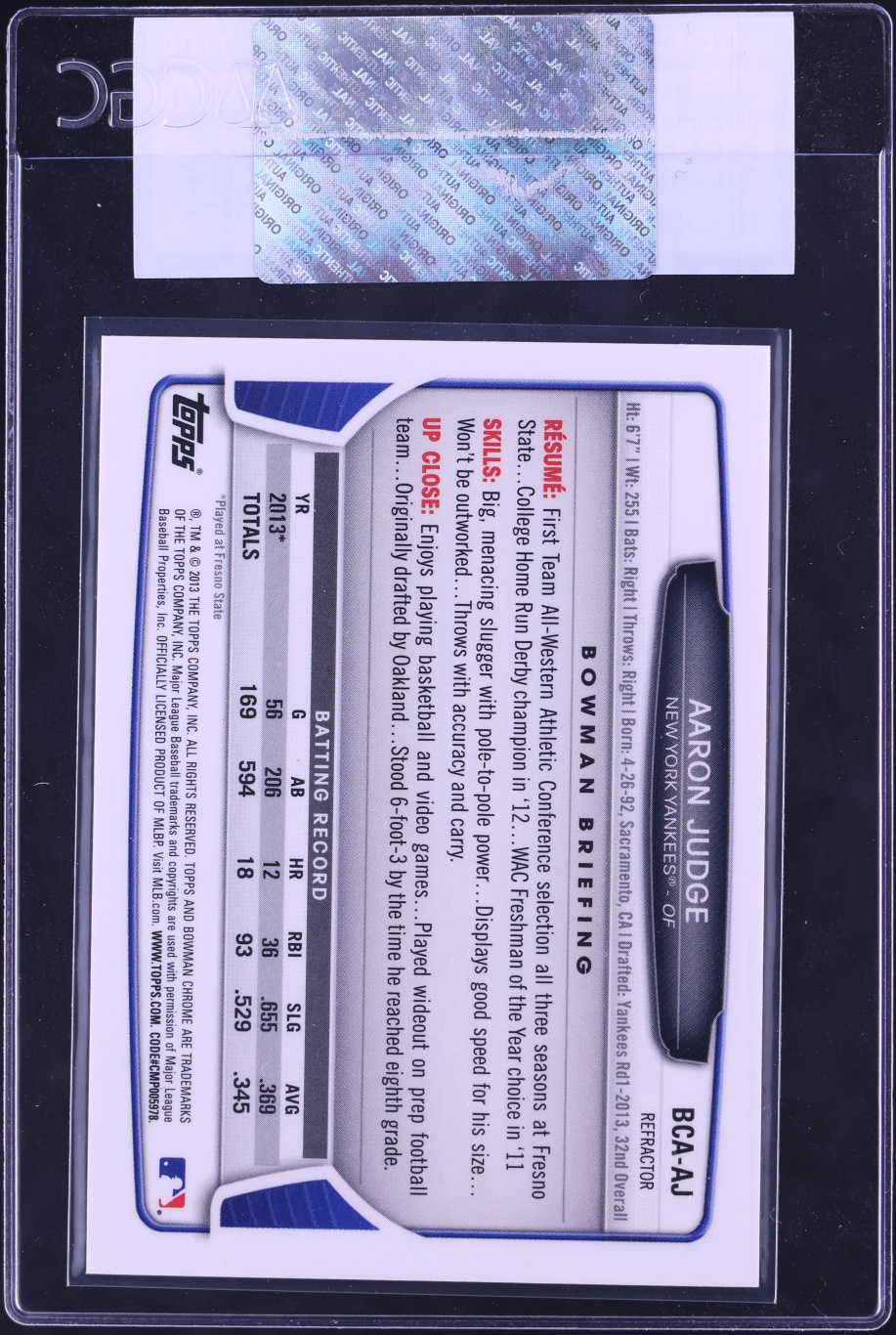 2013 Bowman Chrome Draft Picks Refractor Aaron Judge PROSPECT AUTO #BCA-AJ CGC AUTH
