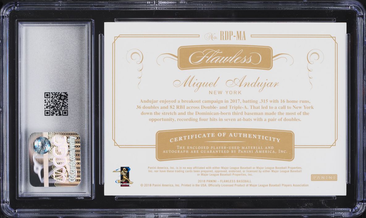 2018 Panini Flawless Dual Emerald Miguel Andujar ROOKIE PATCH AUTO /5 #RDP-MA CGC 10 GEM MINT