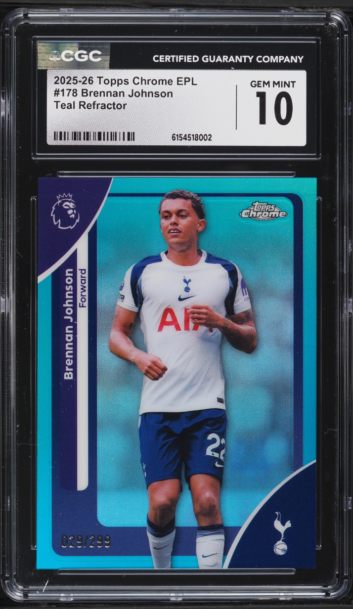 2025 Topps Chrome EPL Teal Refractor Brennan Johnson /299 #178 CGC 10 GEM MINT