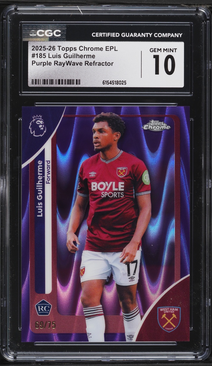 2025 Topps Chrome EPL Purple RayWave Refractor Luis Guilherme ROOKIE /75 #185 CGC 10 GEM MINT