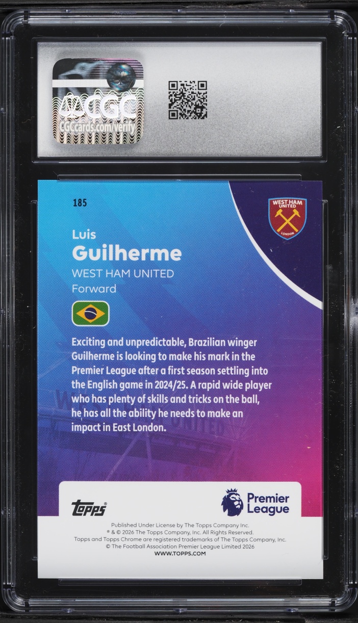 2025 Topps Chrome EPL Purple RayWave Refractor Luis Guilherme ROOKIE /75 #185 CGC 10 GEM MINT