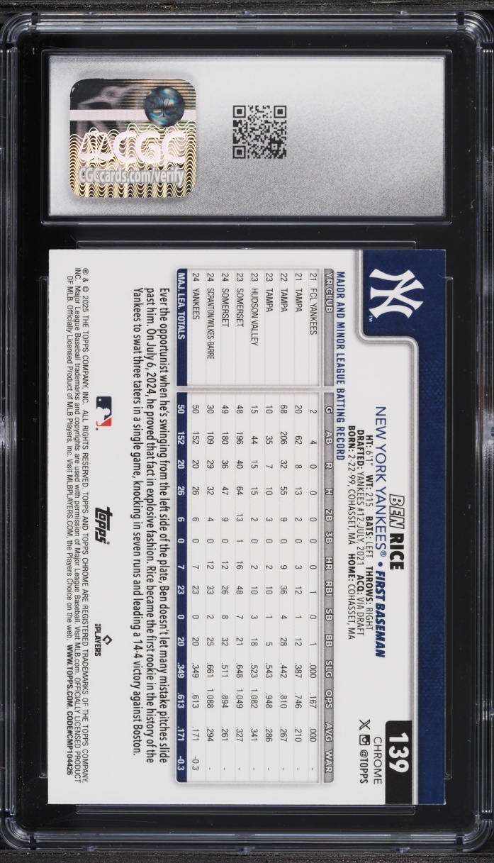 2025 Topps Chrome Ben Rice ROOKIE #139 CGC 6 EXMT