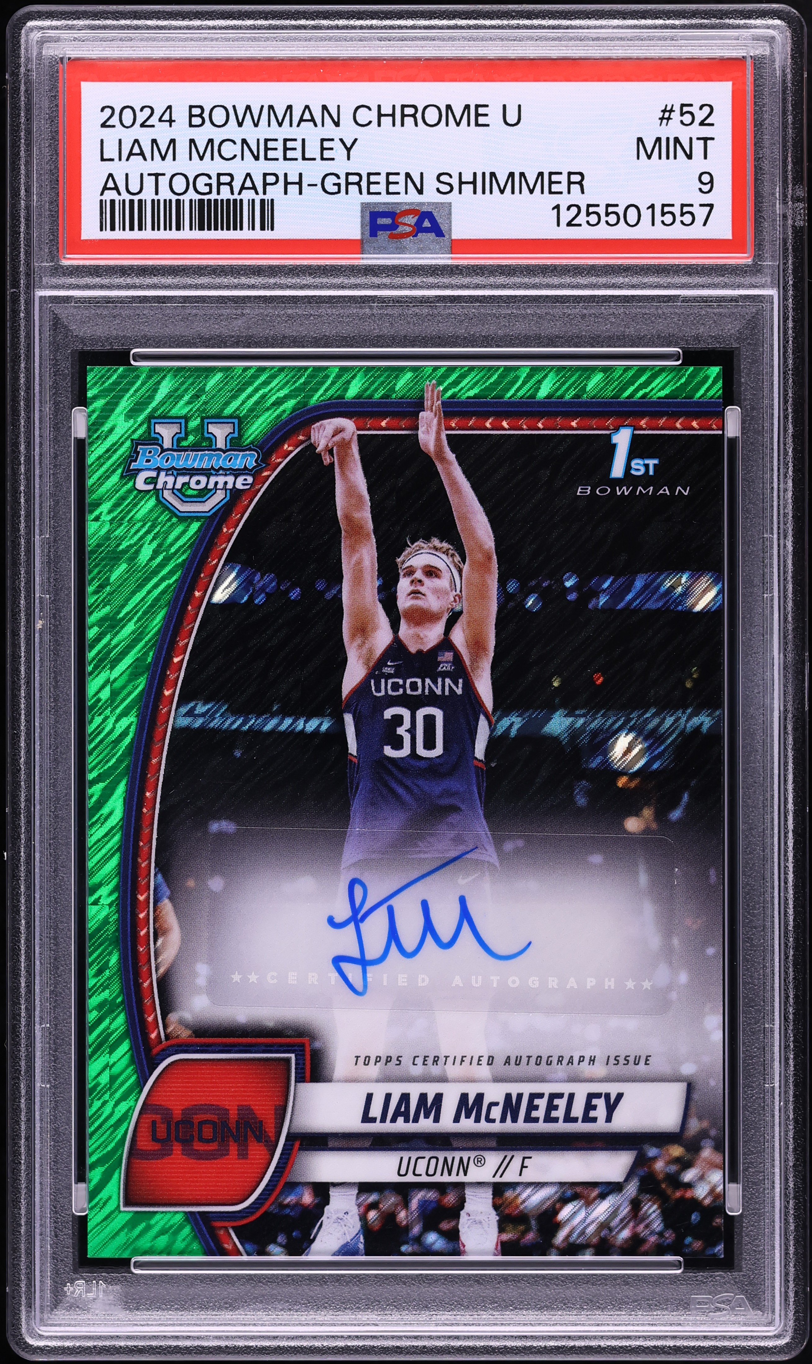 2024 Bowman Chrome University Basketball Green Shimmer Refractor Liam McNeeley #52 PSA 9