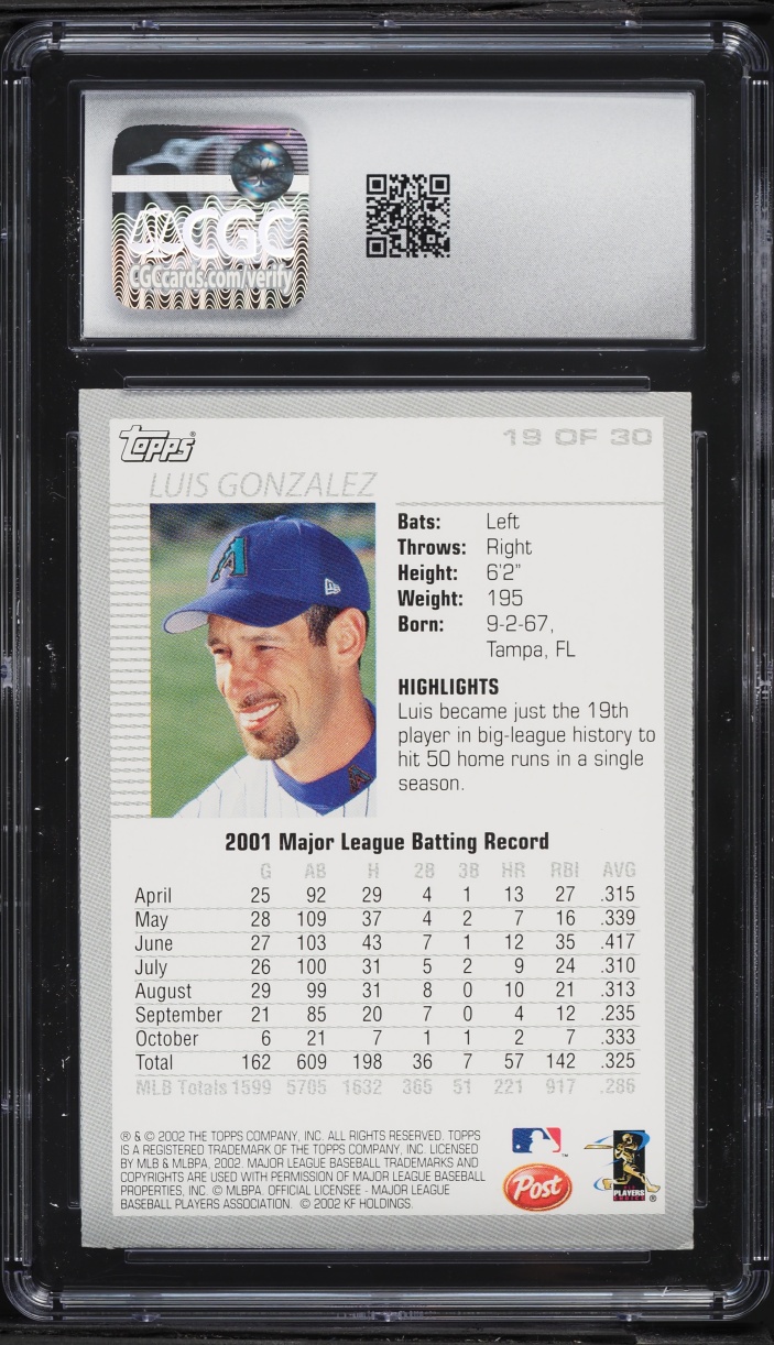 2002 Topps Post Cereal Luis Gonzalez #19 CGC 7 NRMT