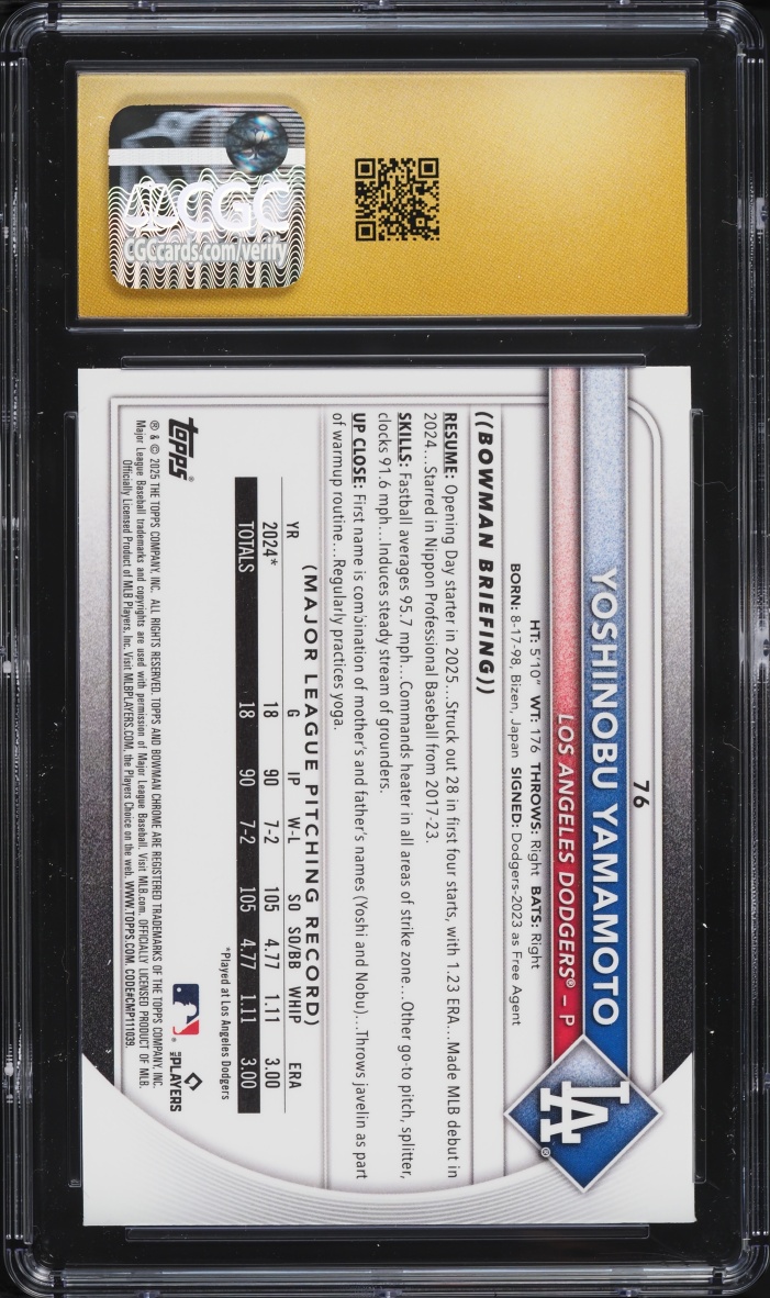 2025 Bowman Chrome Mega Box Yoshinobu Yamamoto #76 CGC 10 PRISTINE