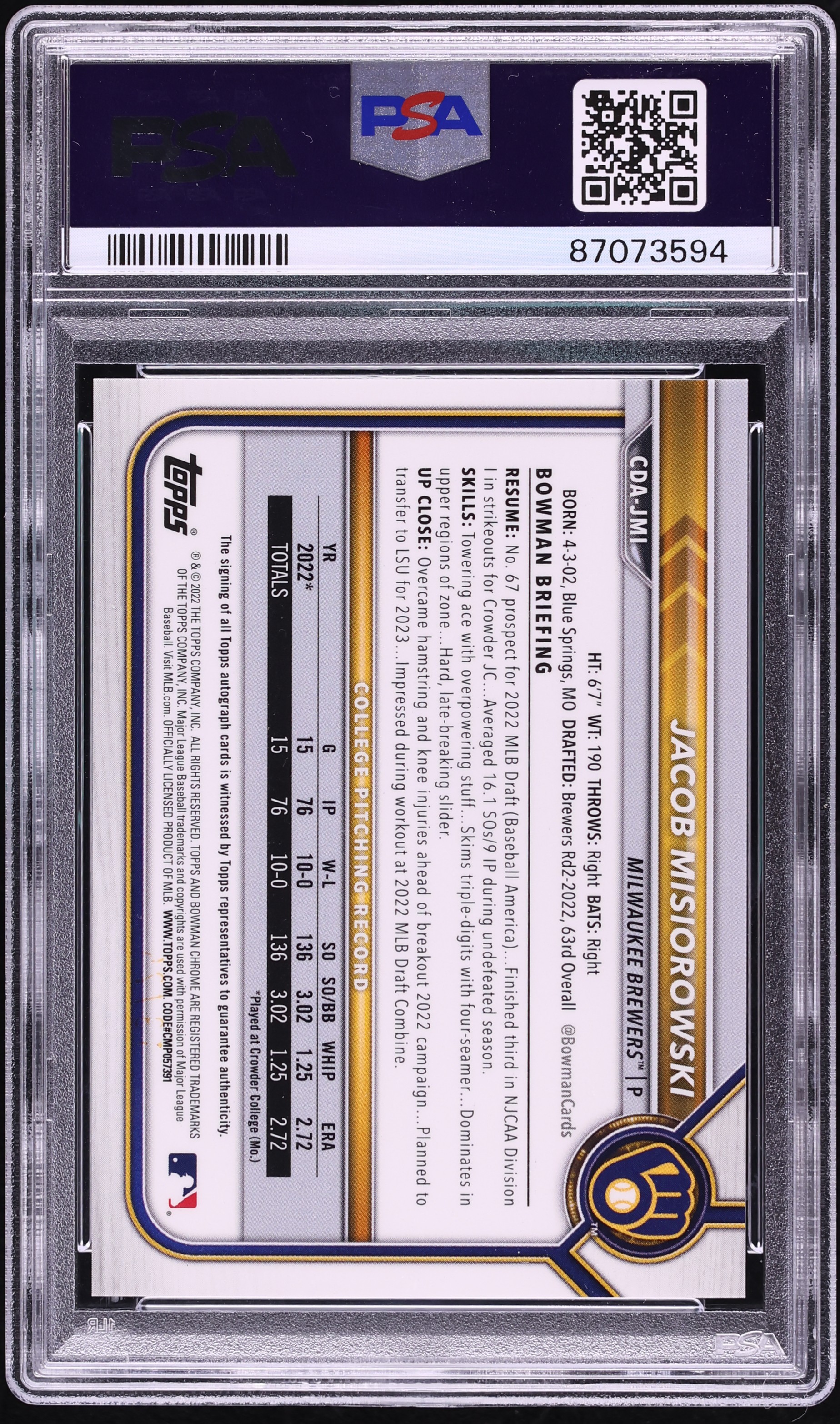 2022 Bowman Chrome Orange Refractor Jacob Misiorowski PROSPECT 