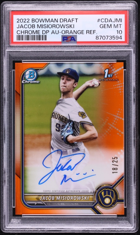 2022 Bowman Chrome Orange Refractor Jacob Misiorowski PROSPECT AUTO /25 #CDA-JMI PSA 10 GEM