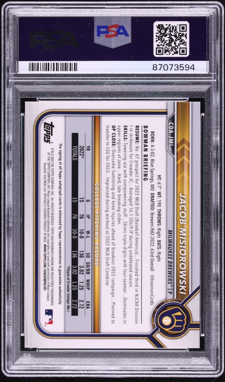 2022 Bowman Chrome Orange Refractor Jacob Misiorowski PROSPECT AUTO /25 #CDA-JMI PSA 10 GEM