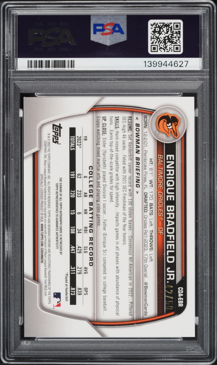 2023 Bowman Chrome Draft Gold Refractor Enrique Bradfield Jr. PROSPECT AUTO /50 PSA 9 MINT