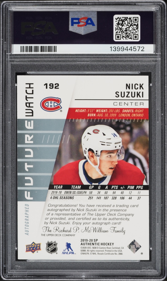 2019 SP Authentic Nick Suzuki ROOKIE AUTO /999 #192 PSA 9 MINT