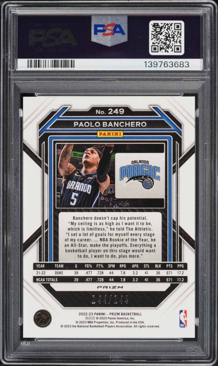 2022 Panini Prizm Blue Sparkle Paolo Banchero ROOKIE 144/144 #249 PSA 8 NM-MT