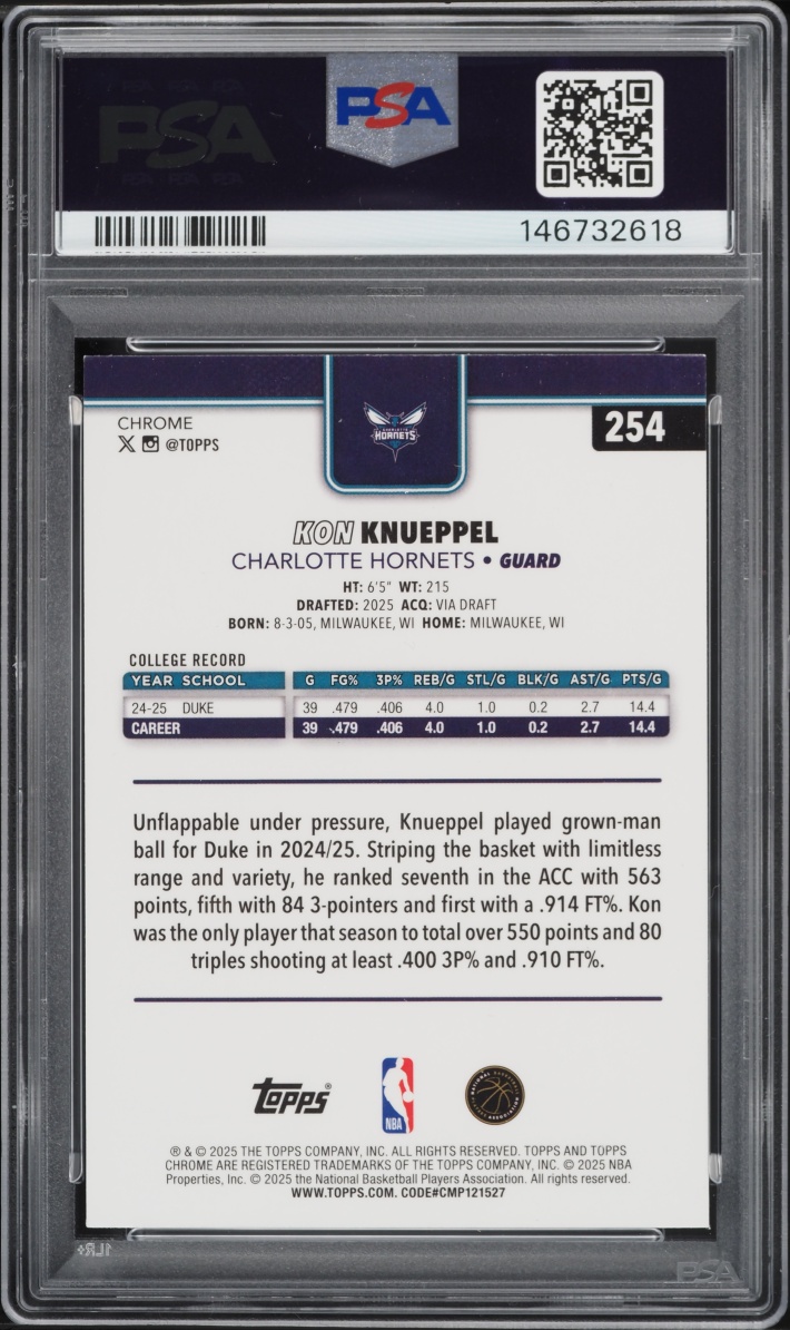 2025 Topps Chrome Red White Blue Refractor Kon Knueppel ROOKIE #254 PSA 9 MINT