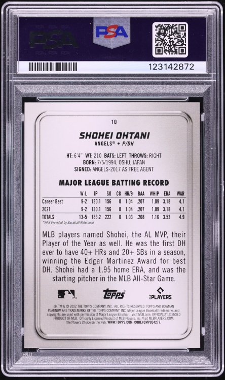 2022 Bowman Platinum Shohei Ohtani #10 PSA 10 GEM MINT