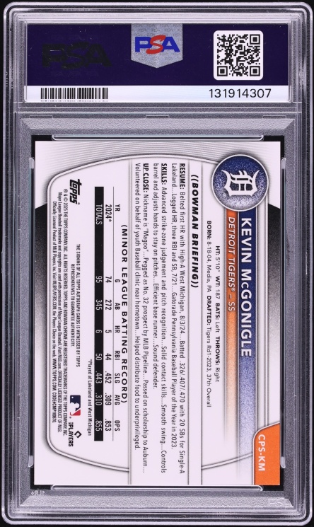2025 Bowman Chrome Sapphire Edition Black Kevin McGonigle PROSPECT AUTO #CPS-KM PSA 10 GEM MINT